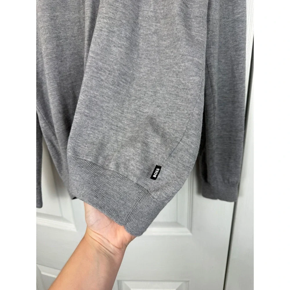 BOSS Hugo Boss Gray Long Sleeve Knit Polo Sweater Large 100% Virgin Wool Soft